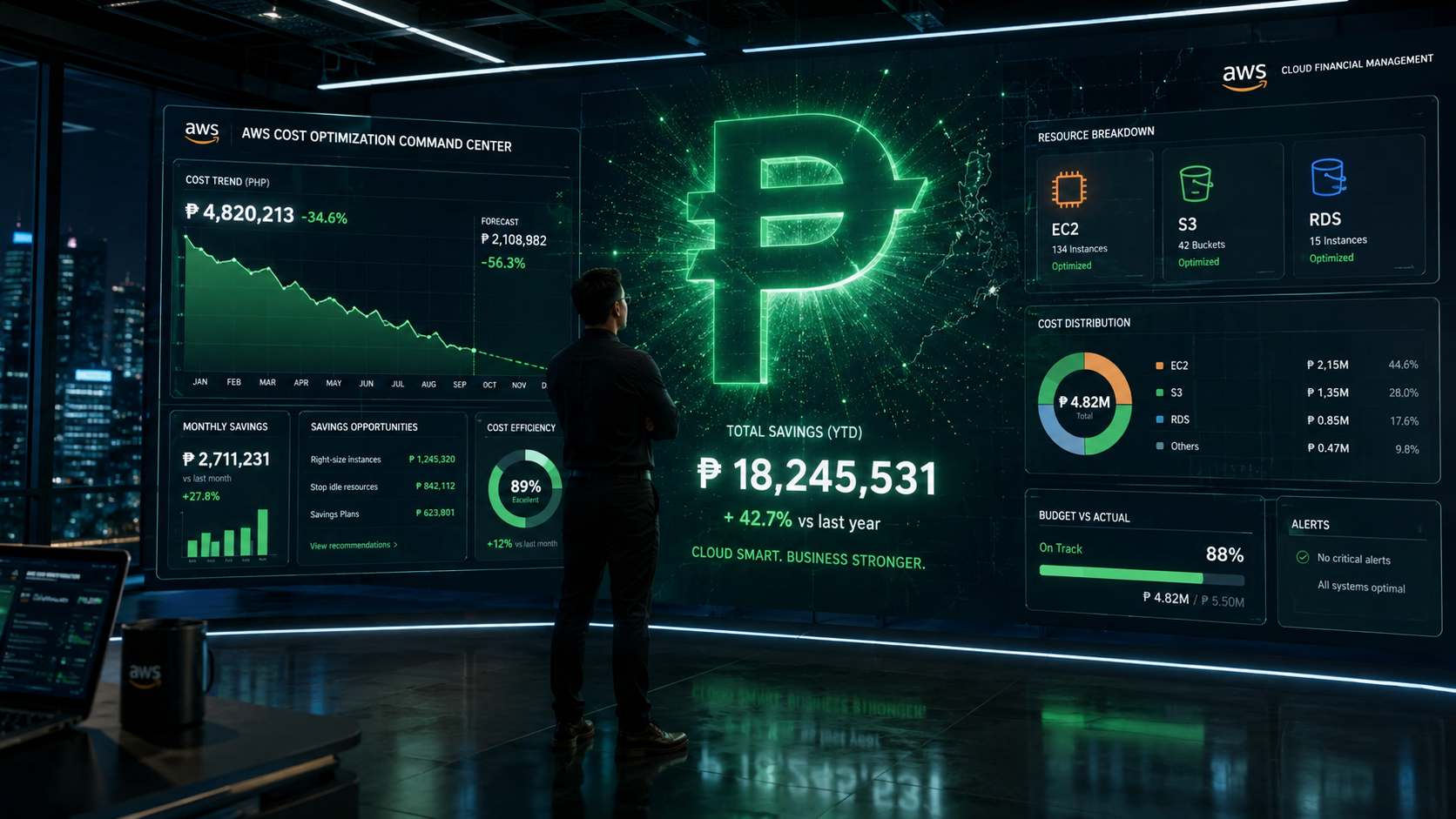 A single operator surveying glowing cloud cost dashboards.